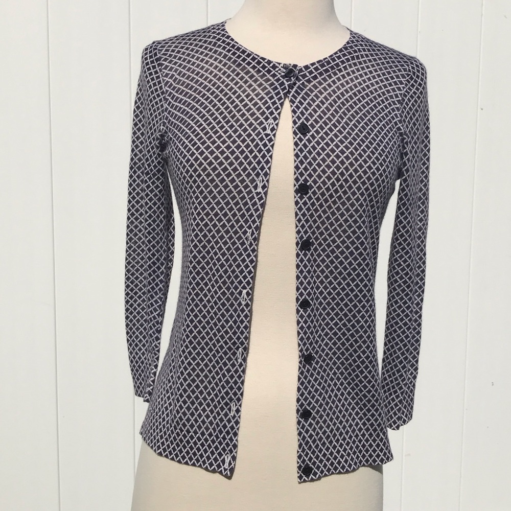 LOFT Navy and White Diamond Print Button Up Cardigan 3/4 Sleeves Small Petite